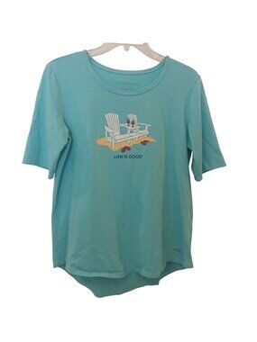 Life Is Good Womens Sz M T-Shirt Beach Chairs Turquoise Short Sleeve HiLow #I-8